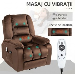HOMCOM Scaun Rabatabil cu Ridicare Electrică și Înclinare la 135°, 8 Puncte de Masaj și 4 Modalități, 85x94x107 cm, Maro Închis | Aosom Romania