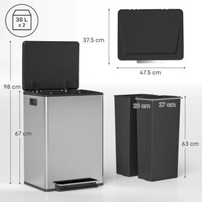 HOMCOM Coș de gunoi dublu cu pedală, 2 găleți de 30L și capac amortizat, gri | Aosom Romania