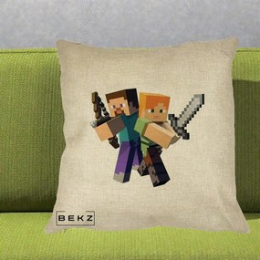 Perna Personalizata Minecraft Steve si Alex, 40x40 cm, Crem, Husa Detasabila, Perna Inclusa, BEKZ®