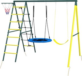 Outsunny Leagăn pentru copii 4 în 1 cu Leagăn tip Cuib și individual Plasă de cățărat Coș de baschet Scară Galben | Aosom Romania