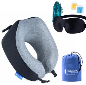 Set Perna de calatorie Suporto Travel Companion. Perna voiaj din spuma cu memorie, Neagra + Masca de dormit Suporto 3D cu saculet Verde Smarald,