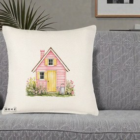 Perna Decorativa Casuta Roz Acuarela cu Gradina, 40x40 cm, Crem Reliefat, Husa Detasabila, Perna Inclusa, BEKZ®