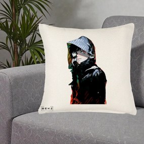 Perna Personalizata Tokyo Ghoul Ken Kaneki cu Masca si Gluga, 40x40 cm, Crem Reliefat, Husa Detasabila, Perna Inclusa, BEKZ®