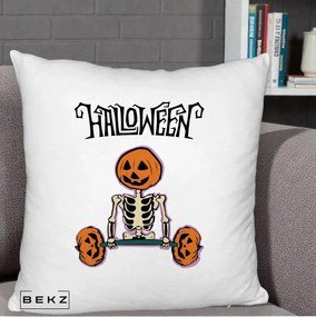 Perna Decorativa Halloween Schelet cu Cap de Dovleac Powerlifting, 40x40 cm, Alb Pufos, Husa Detasabila, Perna Inclusa, BEKZ®
