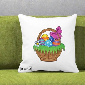 Perna Decorativa Cos cu Oua de Pasti Colorat, 40x40 cm, Alba Mata, Husa Detasabila, Perna Inclusa, BEKZ®
