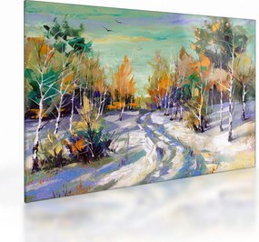 Tablou pe sticlă - Drum înzăpezit prin pădure (70x50 cm)