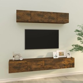 Set comoda TV, 4 piese, stejar fumuriu, lemn prelucrat 4, Stejar afumat, 80 x 30 x 30 cm