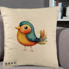 Perna Decorativa Pasare Folk Art Portocalie-Teal, 40x40 cm, Bej, Husa Detasabila, Perna Inclusa, BEKZ®