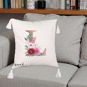 Cadou Personalizat - Perna Personalizata Monograma Rose Gold Litera L, 40x40 cm, Bej cu Franjuri, Husa Detasabila, Perna Inclusa, BEKZ®
