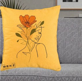 Perna Decorativa Portret Feminin Floare Portocalie, 40x40 cm, Galben, Husa Detasabila, Perna Inclusa, BEKZ®