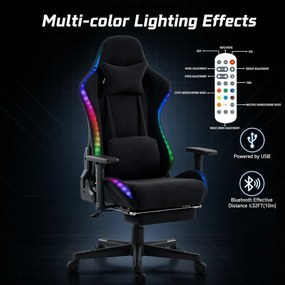 Scaun Gaming cu RGB, Iluminare LED Multicolor, Telecomanda, Cotiere 3D, Reclinare 180°, Suport Picioare, Catifea, Negru
