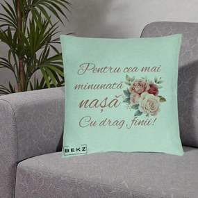 Cadou pentru Nasa - Perna Personalizata Pentru Cea mai Minunata Nasa Cu drag Finii, 40x40 cm, Verde Menta, Husa Detasabila, Perna Inclusa, BEKZ®