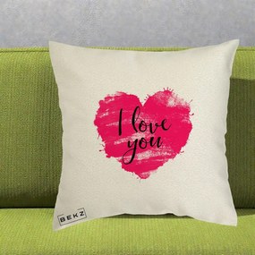 Cadou Romantic - Perna Personalizata I Love You Inima Roz, 40x40 cm, Ecru, Husa Detasabila, Perna Inclusa, BEKZ®