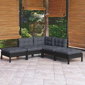 3096314 vidaXL Set mobilier grădină cu perne, 5 piese, negru, lemn de pin