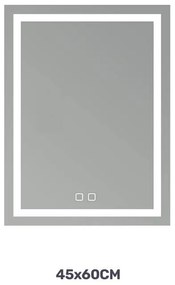 Oglindă LED Dreptunghiulară (45x60 cm), 3 Moduri Iluminare (Lumină Rece, Naturală, Caldă), Intensitate Reglabilă, Funcție Dezaburire, Control Tactil (Touch)