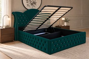 Pat tapițat Chesterfield din catifea Velora Deluxe 140×200 cm, verde, cu ladă de depozitare