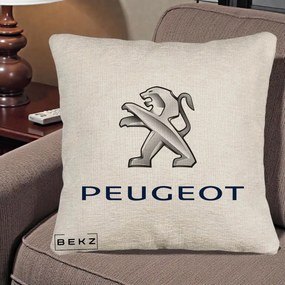 Perna Personalizata cu emblema Peugeot, 40x40 cm, Bej Canapea, Husa Detasabila, Perna Inclusa, BEKZ®