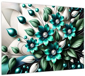 Tablou pe sticlă - Flori turcoaz 3D (70x50 cm)