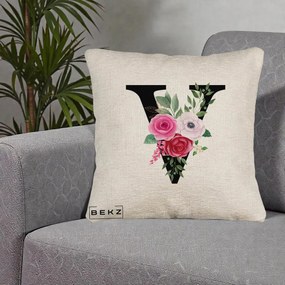 Cadou Personalizat - Perna Personalizata Monograma Florala Litera V cu Buchet, 40x40 cm, Bej Canapea, Husa Detasabila, Perna Inclusa, BEKZ®