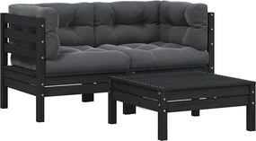 vidaXL Set mobilier grădină cu perne, 3 piese, negru, lemn masiv pin