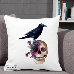 Perna Decorativa Craniu cu Corb si Flori Gothic, 40x40 cm, Alba Mata, Husa Detasabila, Perna Inclusa, BEKZ®