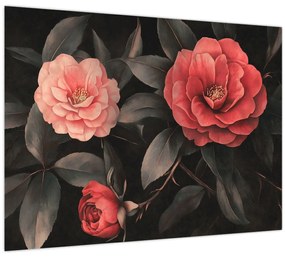 Tablou pe sticlă - Flori roșii pe fundal întunecat (70x50 cm)