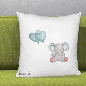 Perna Decorativa Fluffy, Model Elefant si baloane in forma de inimioare, 40x40 cm, Alb Pufos, Husa Detasabila, Perna Inclusa, BEKZ®
