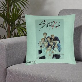 Perna Personalizata K-pop Stray Kids cu Foto Grup Alb-Albastru, 40x40 cm, Verde Menta, Husa Detasabila, Perna Inclusa, BEKZ®