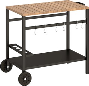 Outsunny Cărucior de grătar cu 2 niveluri Masă auxiliară mobilă pentru grătar cu roți Suport pentru băuturi Cârlige Mâner Negru și Maro | Aosom Romania