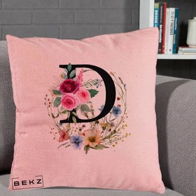 Cadou Personalizat - Perna Personalizata Monogram Litera D cu Flori Acuarela, 40x40 cm, Roz, Husa Detasabila, Perna Inclusa, BEKZ®