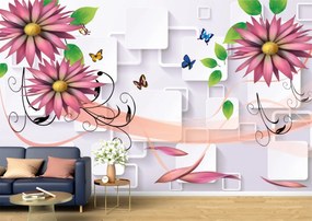 Tapet Premium Canvas - Flori si fluturi colorati 3d abstract