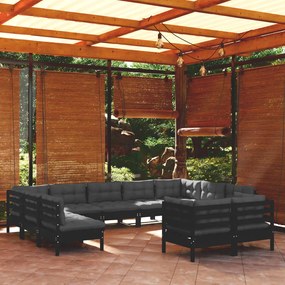 3097263 vidaXL Set mobilier grădină cu perne, 11 piese, negru, lemn masiv pin