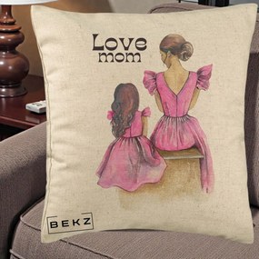 Cadou pentru Mama - Perna Personalizata Love Mom Rochii Roz, 40x40 cm, Bej, Husa Detasabila, Perna Inclusa, BEKZ®