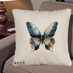 Perna Decorativa Fluture Albastru Auriu Elegant, 40x40 cm, Bej Canapea, Husa Detasabila, Perna Inclusa, BEKZ®