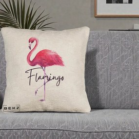 Perna Decorativa Flamingo Acuarela, 40x40 cm, Bej Canapea, Husa Detasabila, Perna Inclusa, BEKZ®