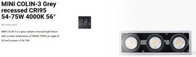 Spot LED incastrabil MINI COLIN-3 Grey recessed CRI95 54-75W 4000K 56°