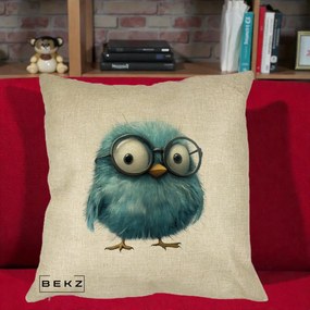 Perna Decorativa Pui Pufos Teal cu Ochelari, 40x40 cm, Crem, Husa Detasabila, Perna Inclusa, BEKZ®