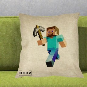 Perna Personalizata Minecraft Steve cu Tarnacop, 40x40 cm, Crem, Husa Detasabila, Perna Inclusa, BEKZ®