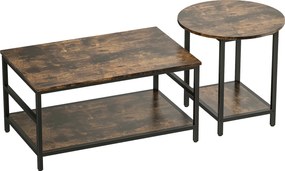 HOMCOM Set mese de cafea, 2 piese, masă dreptunghiulară și rotundă cu depozitare în 2 nivele, maro rustic | Aosom Romania