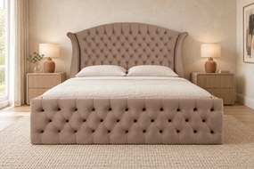 Pat tapițat Chesterfield din catifea Sorella Simple 140×200 cm, cappuccino, cu ladă de depozitare