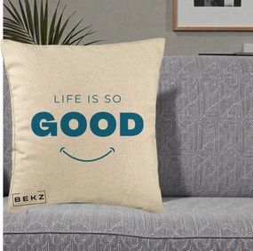 Perna Decorativa Life is So Good Mesaj Pozitiv, 40x40 cm, Bej, Husa Detasabila, Perna Inclusa, BEKZ®
