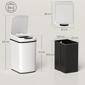 HOMCOM Coș de Gunoi de 12L cu Senzor Infraroșu, Buton Touch și Găleată Detașabilă, Coș de Gunoi din Oțel Inoxidabil, ABS și PP, 28x22x41 cm, Alb | Aosom Romania