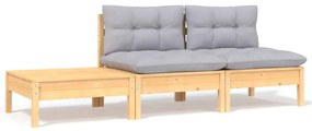 vidaXL Set mobilier de grădină cu perne gri, 3 piese, lemn masiv pin