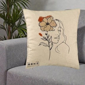 Perna Decorativa Portret Feminin Floare Bej Terracotta, 40x40 cm, Bej, Husa Detasabila, Perna Inclusa, BEKZ®