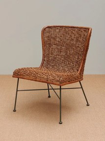 Scaun dining împletit din ratan, maro, cu spătar înaripat și picioare verzi din metal, 80 x 60 x 62 cm, „Melati”