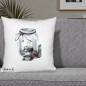 Perna Decorativa Felinar cu Lumanare si Conuri, 40x40 cm, Alb Pufos, Husa Detasabila, Perna Inclusa, BEKZ®