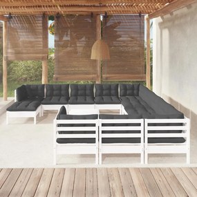 3097074 vidaXL Set mobilier de grădină cu perne, 13 piese, alb, lemn de pin