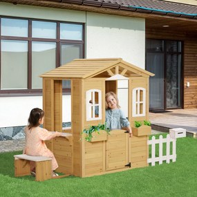 Outsunny Casuta pentru Copii din Lemn cu Ferestre, Gard, Suport pentru Ghivece si Banca 110x107x140cm Lemn Natural si Alb | Aosom Romania