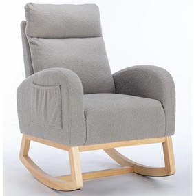 Scaun balansoar modern din material Teddy, cu șezut căptușit și buzunar lateral ascuns, pentru living și dormitor, 71x88x104,5 cm, Gri deschis