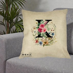 Cadou Personalizat - Perna Personalizata Monogram Litera K cu Flori Acuarela, 40x40 cm, Crem, Husa Detasabila, Perna Inclusa, BEKZ®